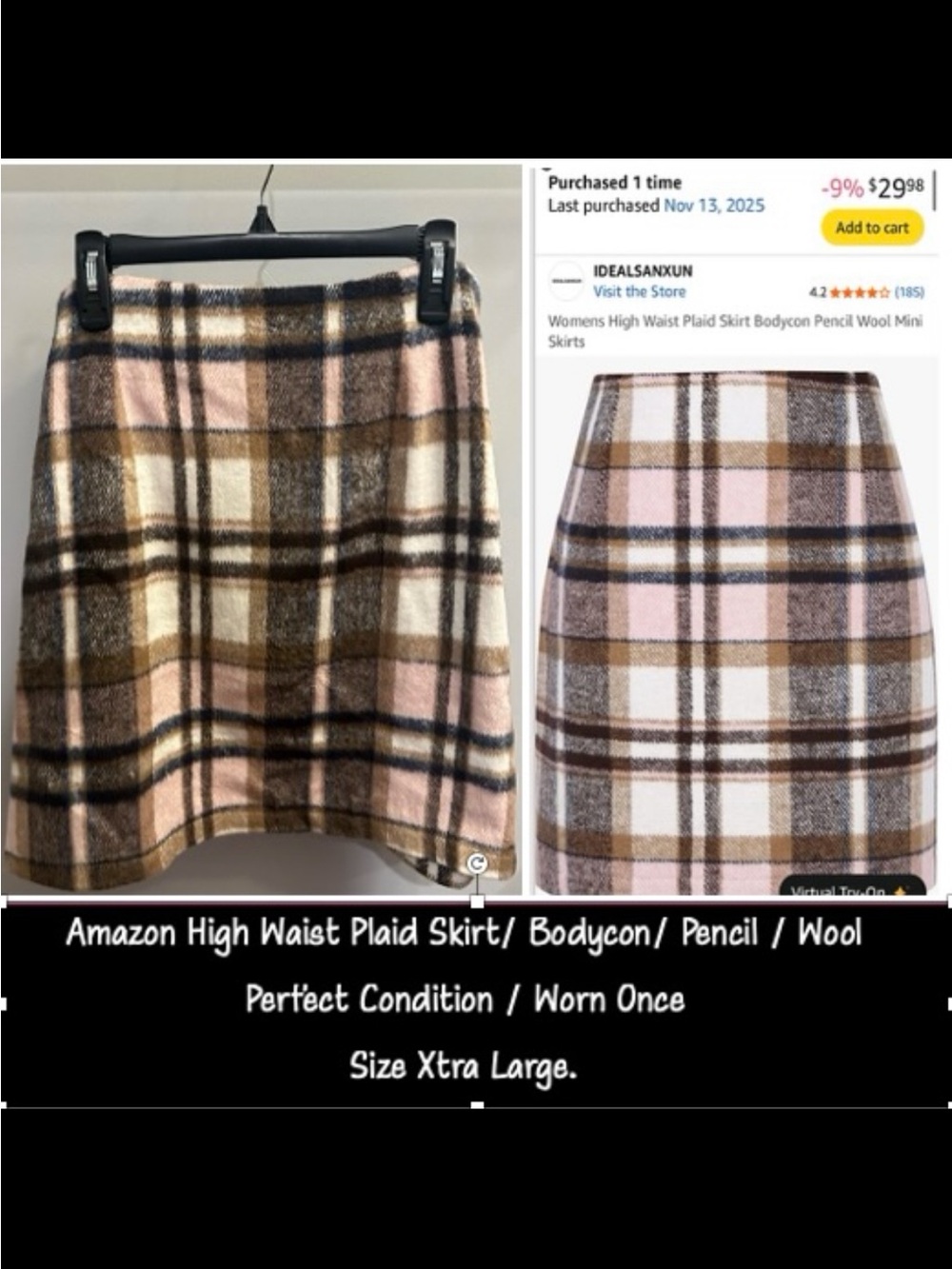 Pink & Brown Plaid High- Waist Pencil Skirt XL / Wool Blend/ Worn once